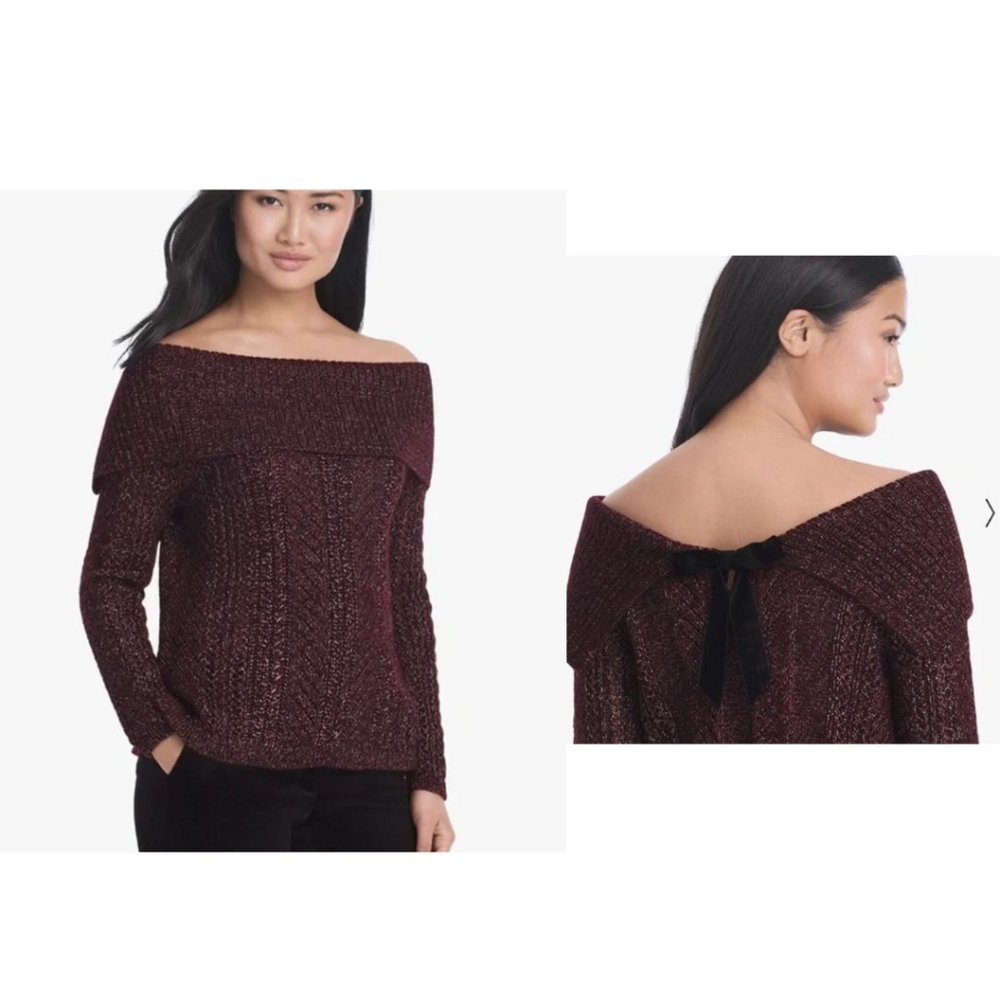 White House Black Market WHBM Purple Burgundy Over Shoulder Sweater